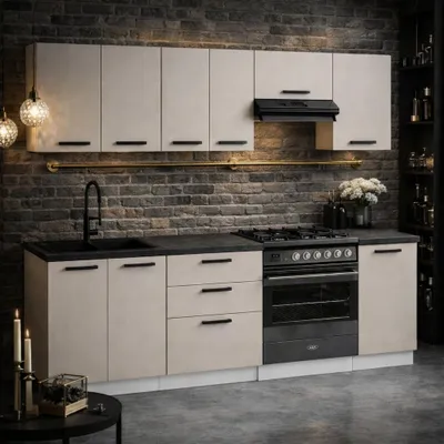 Produktbild von ULWEHOME | Küchenzeile 240 cm Beige, Küchenmöbel-Set Kaschmir mit Arbeitsplatten 2,4 m, Küchenblock, Spülenschrank, Schubladenschrank, Oberschränke