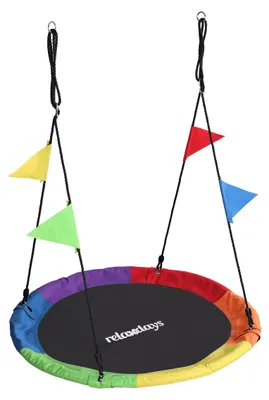 Obrázok produktu pre Hojdačka Relaxdays, okrúhla závesná hojdačka, s vlajočkami, detská, nastaviteľná, vonkajšia, Ø: 120 cm, nosnosť do 100 kg, farebná