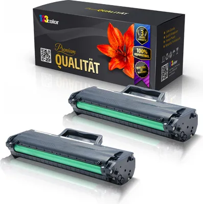 Two black toner cartridges are shown in front of their packaging, which features a red lily and text.