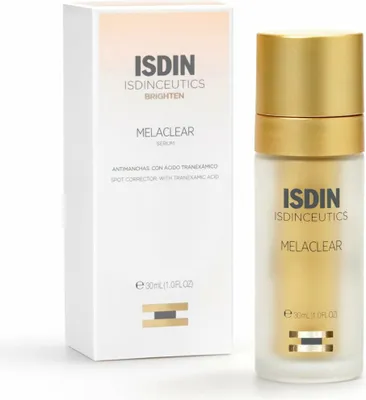 A product shot of a serum bottle and its packaging.