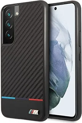 A black phone case with a carbon fiber texture and BMW M stripes is shown next to a smartphone.