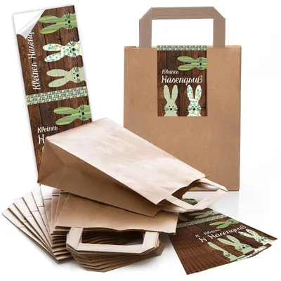 Produktbild von 25 kleine braune Papiertüte Ostern Oster-Verpackung Geschenktasche 18 x 8 x 22 cm kleine Papiertaschen + 25 Aufkleber grün braun HASENGRUSS Ostergeschenke verpacken Kinder OsternestHasengruß grün braun / 25 Stück