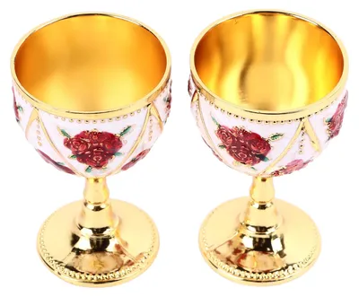 2 Vintage Metall Weinbecher mit Relief, Gold Weiß Rote Blume