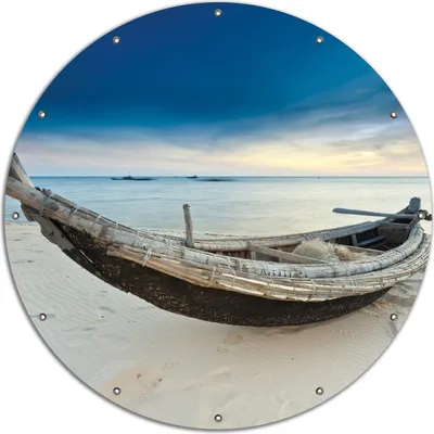Produktbild von Wallario rundes Outdoor-Poster für Garten oder Balkon, Motiv Fischerboot am Strand mit Sonnenuntergang, 120 cm Durchmesser