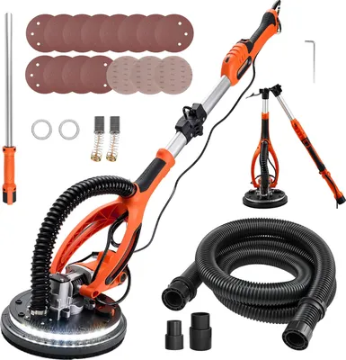 Obrázek produktu pro VEVOR bruska na suché omítky 850 W, stropní bruska s brusným talířem 255 mm, bruska s dlouhým krkem s otáčkami 800–1700 ot./min, dvojitá stěna LED, výsuvná rukojeť, 15 brusných kotoučů, hadice na prach