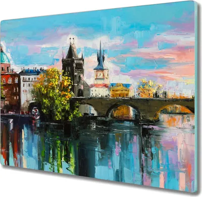 Produktbild von Coloray Kochplattenabdeckung Herdabdeckplatte 60x52 cm Hackbrett Schneidebrett Küchenbrett - Stadt Fluss Brücke Himmel
