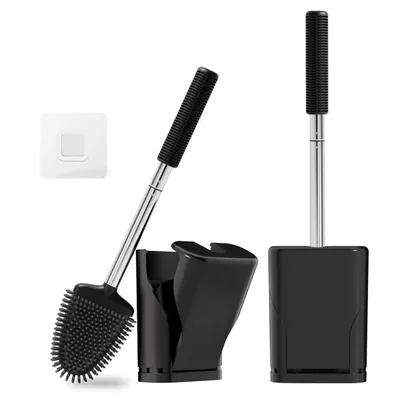 Produktbild von WC-Bürsten, Klobürste Silikon, Toilettenbürste Wandmontage, WC Bürstengarnitur, Stand Flach WC Bürste Set, Flexibler Kopf, Schwarz - 2er Set