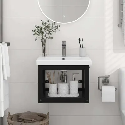 Produktbild von （Robust Möbel）Badezimmer Wand-Waschtischgestell Schwarz 40x38x31cm Eisen DE307505 - Badezimmerschränke