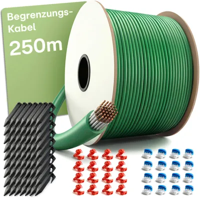 Produktbild von Praknu Begrenzungskabel Mähroboter Set (250m)- Universal Rasenmäher Kabel für alle Marken - Inkl. 250 m Draht, Erdnägel & Gel-Steckverbinder -