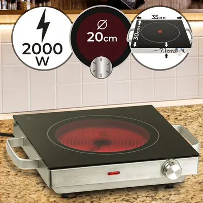 Produktbild von Jago® Infrarot Kochplatte - Elektrisch, 2000 W, Ø 20 cm, Überhitzungsschutz, stufenlose Temperaturregelung, aus Glaskeramik und Edelstahl - Kochfeld, Einzelkochplatte, Herdplatte, Minikochplatte