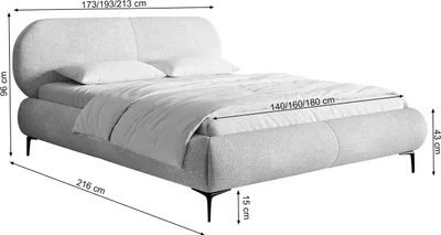 A studio shot of a double bed with dimensions indicated by measurement lines and text.