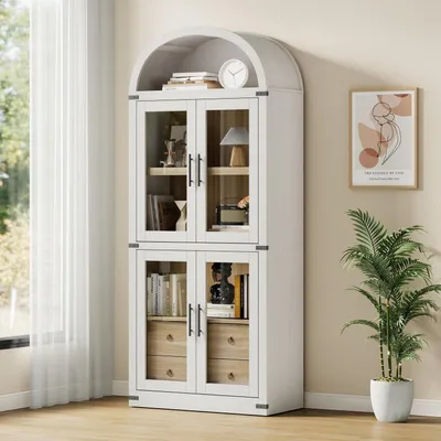 Productafbeelding van Gebogen glazen vitrine, 182 cm hoog, met glazen deuren, 4 planken, 2 lades, wit