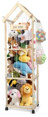 Produktbild von Plüschtier- und Spielzeugaufbewahrung - Aufbewahrungswagen - Holz - 360° Rollen Mit Bremse - 136 x 42 x 32 cm - Wiederverwendbar - Vielseitig - Gelb