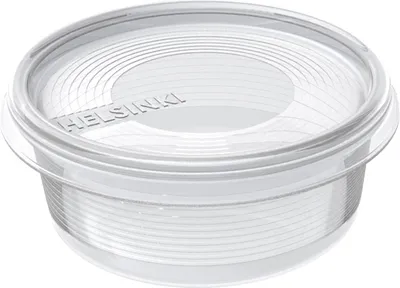 A clear, studio shot of a transparent round plastic container with a lid.