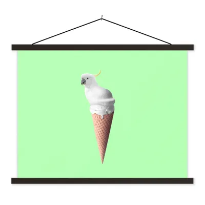 Produktbild von MuchoWow® Textilposter Papagei - Eistüten - Eiscreme - Weiß - Grün 150x113 cm mit schwarzem Rahmen - Wohnzimmer