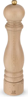 A wooden pepper mill on a white background.