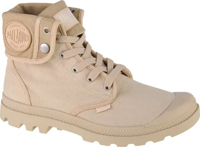 A single beige Palladium boot is shown against a white background.