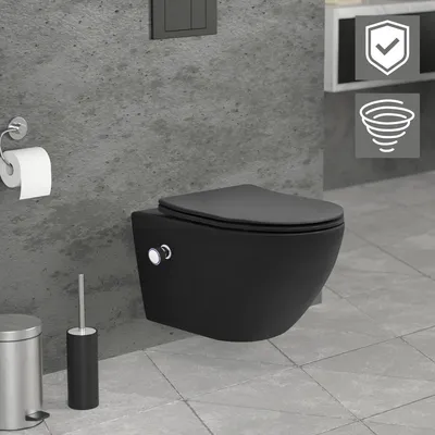 A modern black wall-hung toilet with a bidet function is shown in a bathroom setting with concrete-like walls and tiled floor. Accessories like a toilet paper holder, trash can, and toilet brush are also visible.