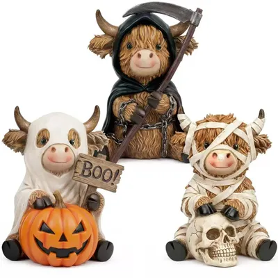 Produktbild von 3er Set Halloween Highland-Kuh Figuren Geist Mumie Kürbis Deko Tisch Regal Kamin Herbstdeko - Modell: Hc-1Set #1