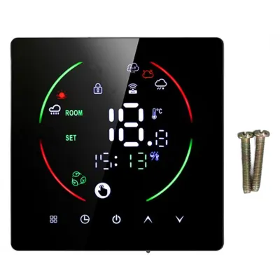 A smart thermostat with a digital display and various icons, shown on a black background. Two screws are placed to the right of the thermostat.
