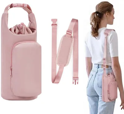 Productafbeelding van Drinkflesentas - Waterfleshouder - met schouderband - met vak voor telefoon - outdoor tas voor wandelen en kamperen - 30x12x10 cm - Roze