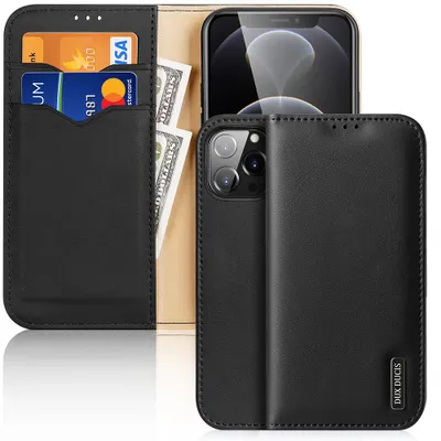 Produktbild von Dux Ducis Hivo Echtleder Flip Wallet mit Kartenfach für Apple iPhone 13 Pro Max, Schwarz
