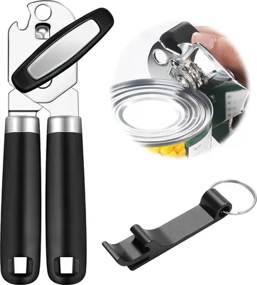 Produktbild von 3-in-1 RVS Dosenöffner mit Antirutschgriff und ergonomischem Drehschraubmechanismus - Sicherer Dosenöffner - Dosenöffner für Senioren und ältere Menschen mit Arthritis (Schwarz)