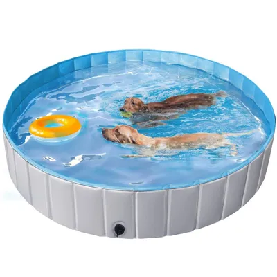 Produktbild von Yaheetech Faltbare Hundepool ⌀180 cm, Planschbecken für Hunde, mit Badebürste & 4 Flicken, Anti-Rutsch Hundebadewanne aus PVC, Grau