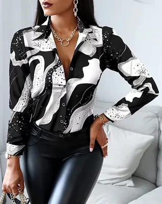 Produktbild von ASKSA Damen Bluse V-Ausschnitt Drucken Patchwork Hemd Elegant Button Tunika Langarm, Schwarz Druck, 2XL