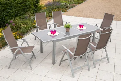 Obrázek produktu pro Merxx 7ks zahradní nábytek Carrara - 6 křesel, 1 stůl - barva: taupe - rozměry: křeslo: 70x60x108 cm stůl: 160/220x90x75 cm; 6x 26374-325 + 1x 26452-219