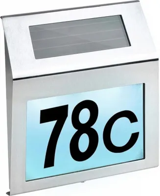 A silver solar house number sign with the number 78c illuminated.