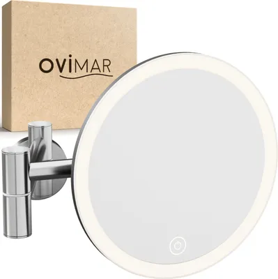 Produktbild von ovimar Kosmetikspiegel Vorupor | mit Beleuchtung | wiederaufladbar | Wandmontage zum Bohren | im Badezimmer |5fach Vergrößerungsspiegel | Schminkspiegel mit Licht | 360 Grad Spiegel