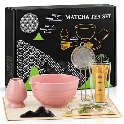 Imagen del producto de Juego de té Roxlin Matcha (7 piezas) de cerámica, con batidor de bambú para matcha, taza hecha a mano, colador y accesorios – color rosa