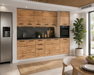 Produktbild von ULWEHOME | Küchenzeile 260 cm Eiche Wotan, Küchenmöbel-Set mit Backofen-Hochschrank, Spülenschrank & geteilten Arbeitsplatten 120 cm, KI-generiertes Bild