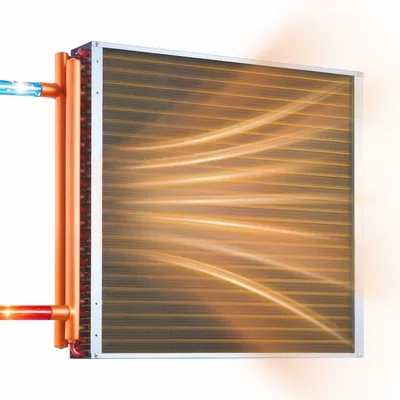 Produktbild von Lamellenwärmetauscher Wasser-Luft - Wärmetauscher 610x610 mm - Heizleistung 65,9 kW - Kupferanschlüsse - Aluminiumlamellen - 2,5 MPa Arbeitsdruck - Für Heizung und Kühlung Indoor