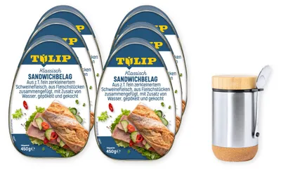 Produktbild von TULIP 6 x 450 g Sandwichbelag aus Schweinefleisch Frühstücksfleisch + Lunchbox