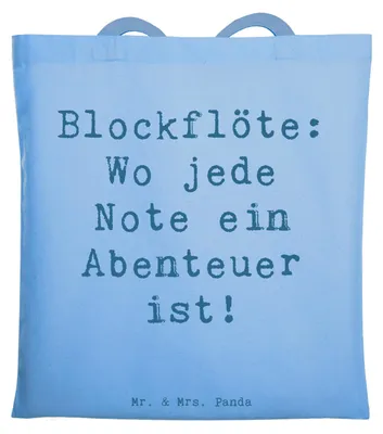Produktbild von Mr. & Mrs. Panda Einkaufstasche Spruch Abenteuer Blockflöte - Sky Blue - Geschenk, Bassblockflöte, Laptoptasche, Sopranblockflöte, Stoffbeutel, Noten, Instrument, Musik
