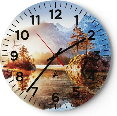 Produktbild von Wanduhr - Rund - Glasuhr - Morgendämmerung Berge See - 40x40cm - Schleichendes Uhrwerk - Lautlos - zum Aufhängen bereit - Dekoration Modern - Wanddekoration aus Glas - C4AR40x40-4617