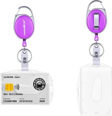 Produktbild von Ausweis Halter ausziehbar + Kartenhalter horizontal / vertikal Schlüssel-JoJo Lila mit reißfester Schnur & Gürtelclip Schlüsselanhänger Ausweisjojo
