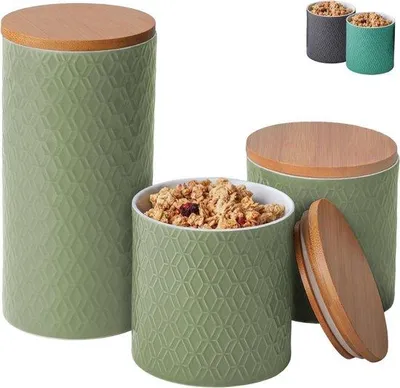 Produktbild von Keramische Bewaarpotten mit Holzdeckel - Luftdichte Küchenspeicher für Kaffee, Tee, Mehl und Müsli - Geschirrspülerfest und geschmacklos