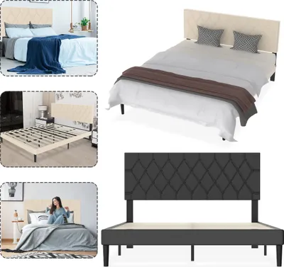 A collage of images showing different aspects of a bed frame and a fully made bed.