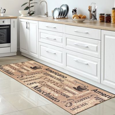 Coffee Küchenläufer I beige I  Gelrücken und braunem Schriftzug Größe - 67 x 180 cm