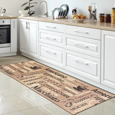 Produktbild von Coffee Küchenläufer I beige I  Gelrücken und braunem Schriftzug Größe - 80 x 250 cm
