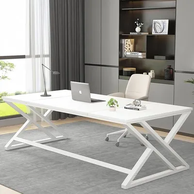 Productafbeelding van Wit bureau, groot computerbureau, lang bureau, bureau voor thuiswerk, houten bureau, metalen bureau, bureau voor studeerkamer, vergadertafel, gaming PC-tafel, wit, 180 x 80 x 75 cm