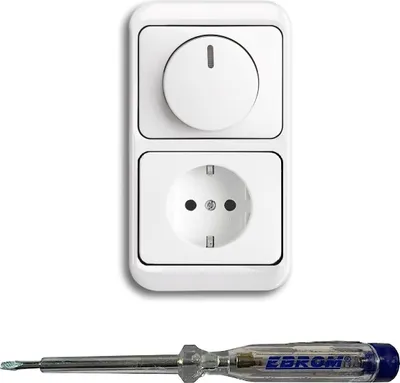 Produktbild von Busch Jäger 6523U-102 LED Drehdimmer Dimmer + Dimmerscheibe 6540-24G und Steckdose mit Kinderschutz 20EUCKS-24G in alpha studioweiß inklusive EBROM Phasenprüfer zur Montage der Geräte (6523 U – 102)