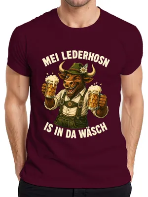 Productafbeelding van Mei Lederhosn wasbordmotief, heren T-shirt met lederlook, bordeauxrood, maat S
