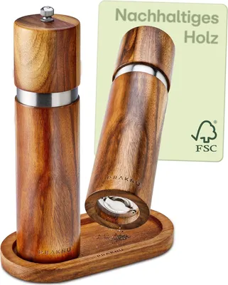 Produktbild von Salz und Pfeffermühle aus Akazienholz mit Untersetzer - NachhaltigesHolz - Langlebiges Keramikmahlwerk - Plastikfrei