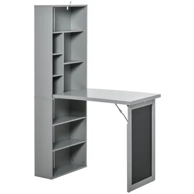 Produktbild von HOMCOM Klappbarer Computertisch, Schreibtisch mit Stauraum, klappbarer Wandtisch mit Bücherregal, Arbeitsplatz, Kreidetafel und verstellbarer Ablage, Dunkelgrau