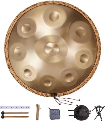 Image de Handpan à languettes en acier - 9 notes - 55 cm de diamètre - Ré mineur 432 Hz - Avec 2 baguettes et une housse de transport - Protection tissée sur le bord - Couleur inaltérable