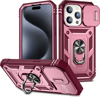 Produktbild von iPhone 15 Pro Max Hülle, Schiebe Kamera Schutz Robust Schutzhülle mit Ringhalterung Ständer Kartenhalter für iPhone 15 Pro Max Rot Pink